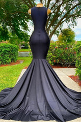 Charming Black Long Mermadi Jewel Satin Tulle Lace Appliques Semi Formal Dresses